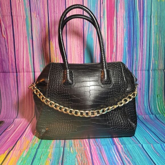Justfab Black Croc Satchel with Goldtone Chain Handle EUC - Picture 1 of 10